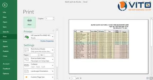 Giao diện trang cách in văn bản Excel