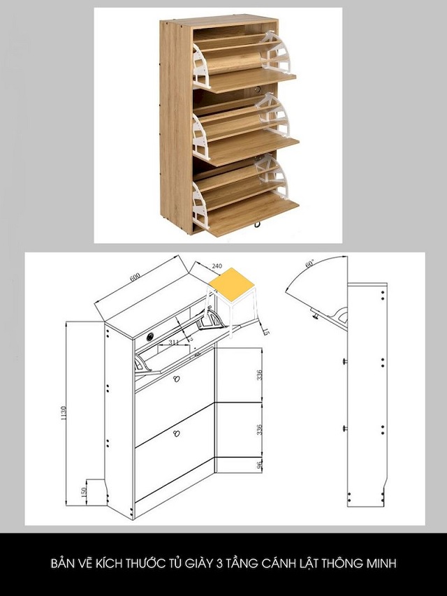 Bản vẽ tủ giày thông minh 3 cánh lật