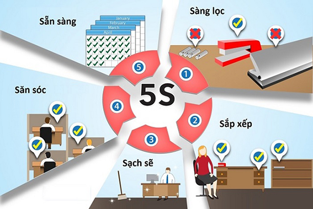 Nguyên tắc 5S bao gồm: Sàng lọc, Sắp xếp, Sạch sẽ, Săn sóc, Sẵn sàng