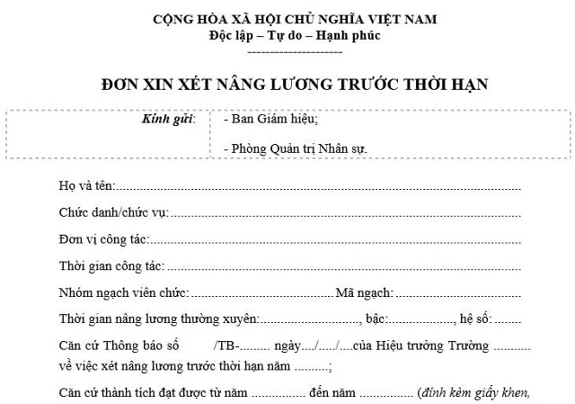 Mẫu đơn xin xét nâng lương trước thời hạn của giáo viên