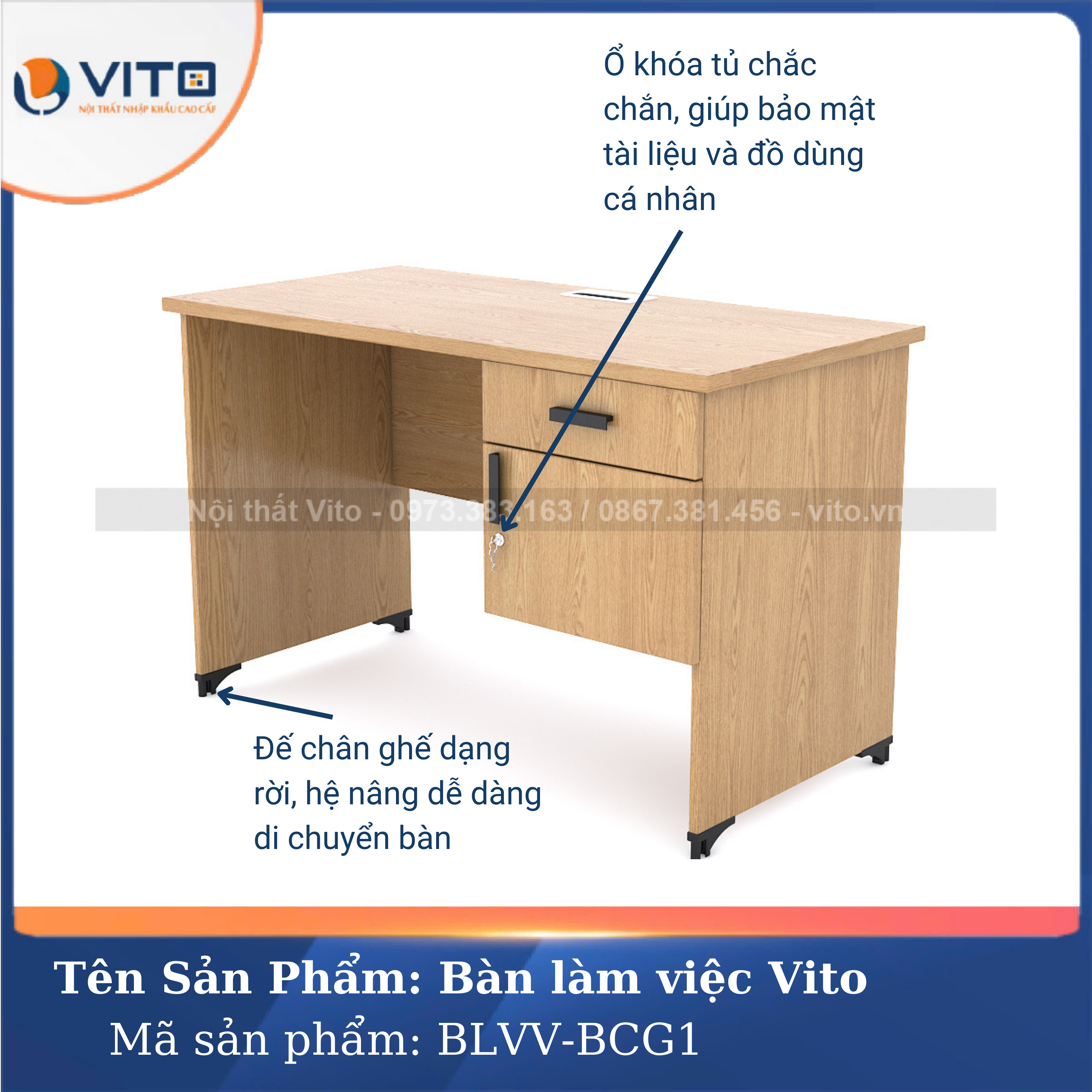 Bàn làm việc chân gỗ Vito BLVV-BCG1