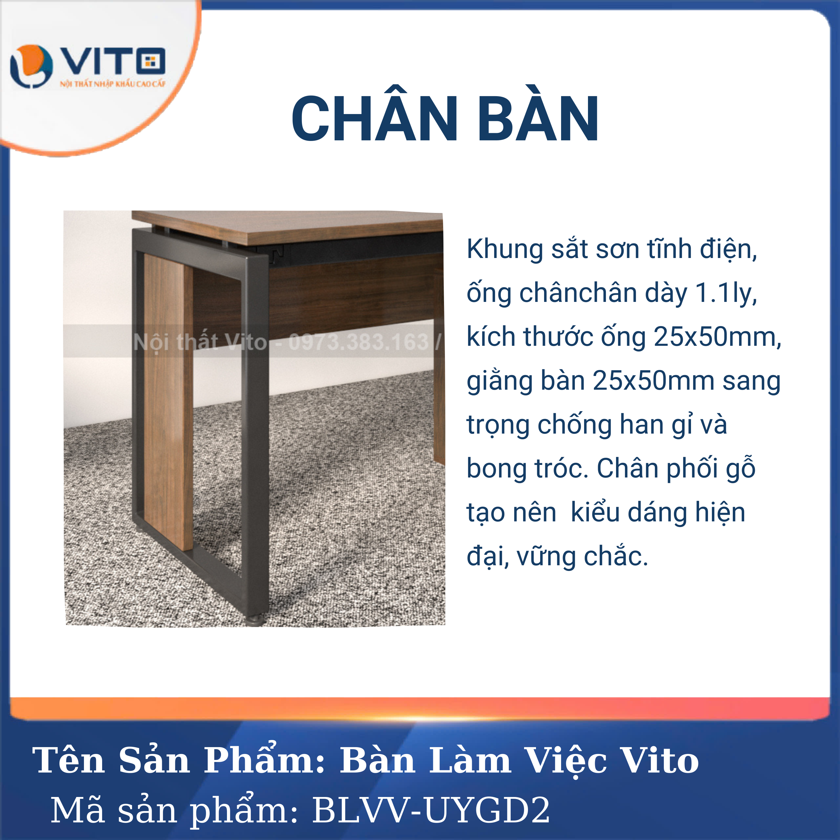 Bàn làm việc khung sắt yếm gỗ chân chữ U Vito BLVV-UYGD2