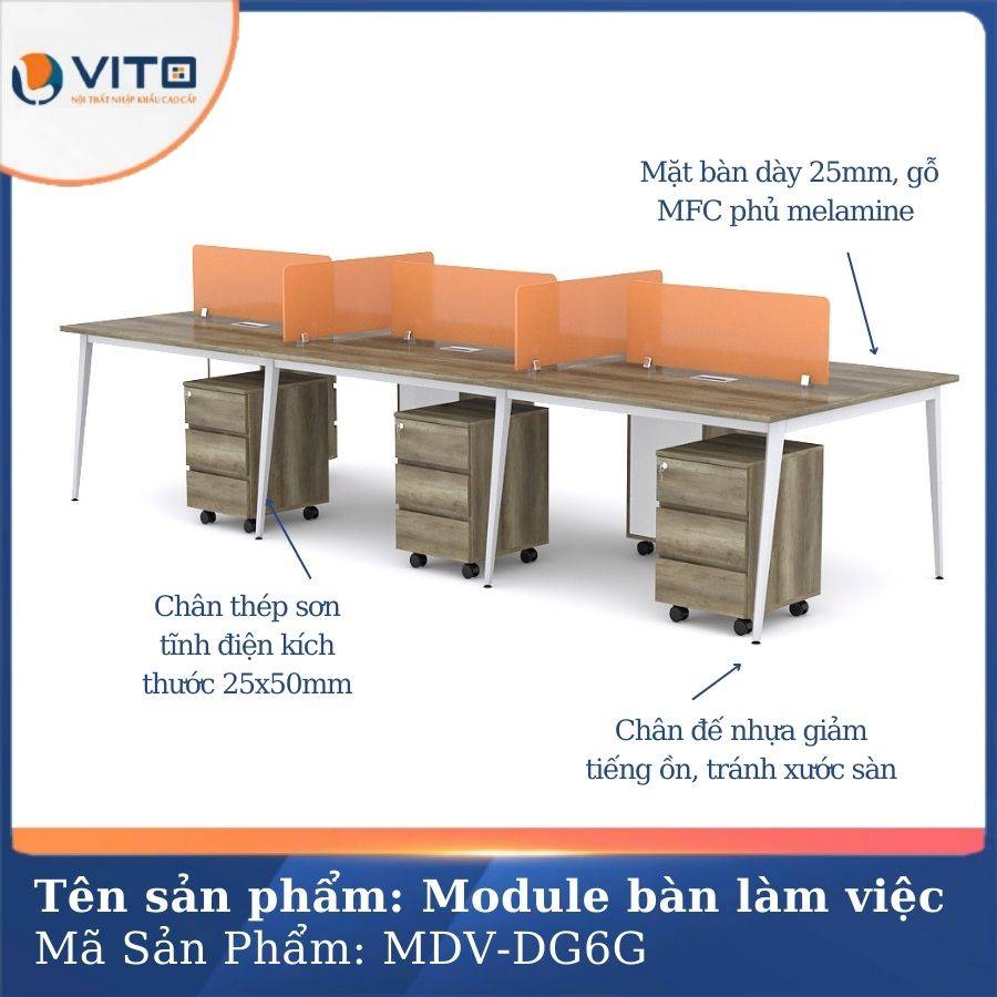 Module bàn làm việc 6 người chân đa giác MDV-DG6G