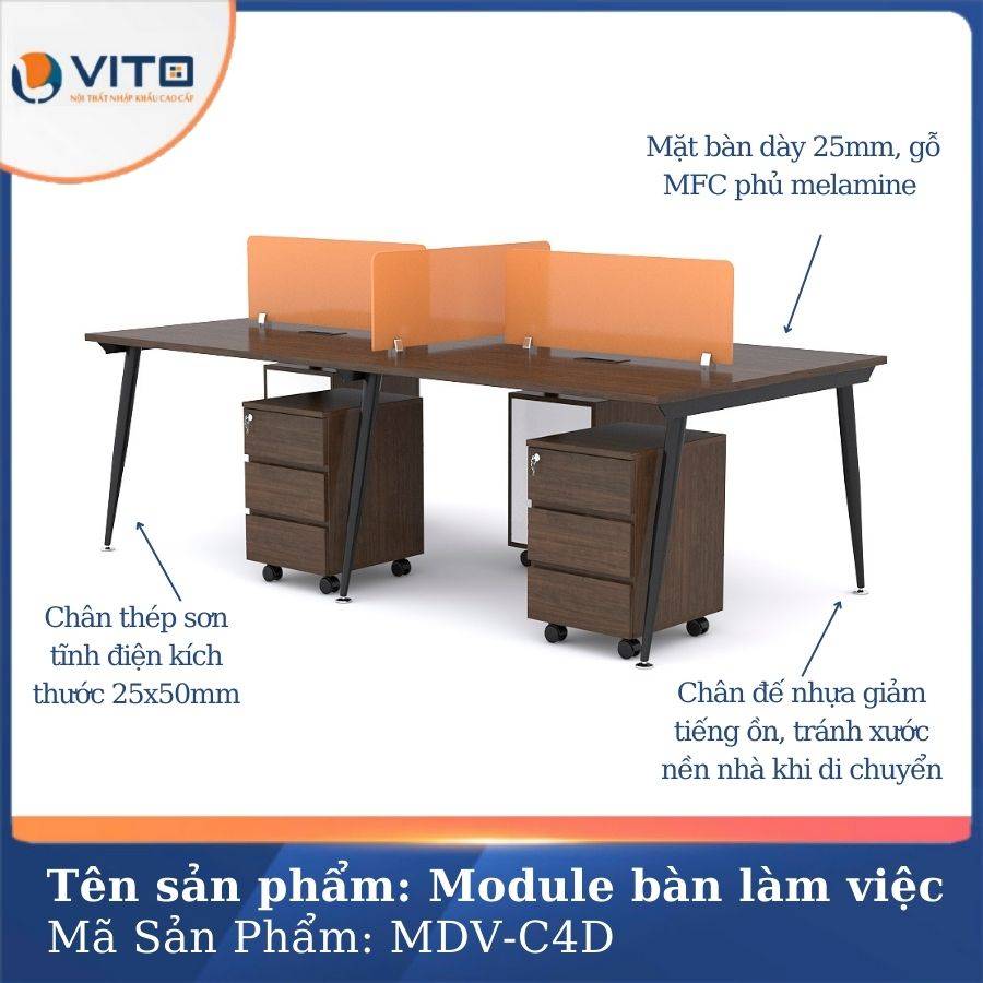 Module bàn làm việc 4 người chân côn Vito MDV-C4D