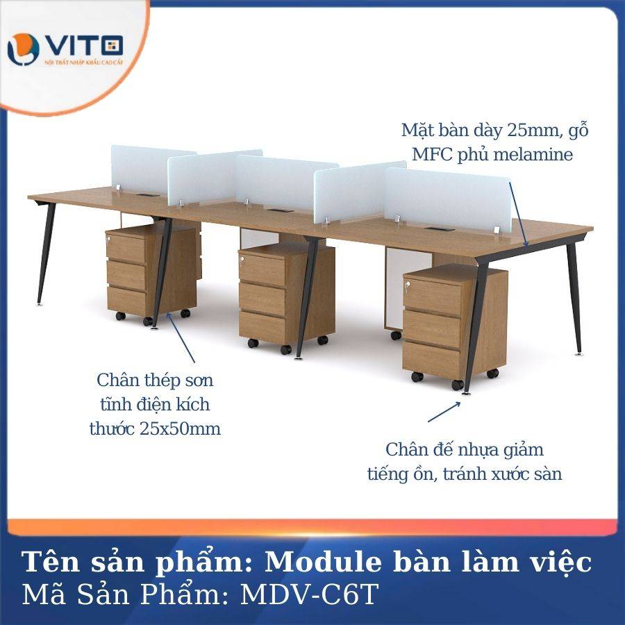 Module bàn làm việc 6 người chân côn Vito MDV-C6T