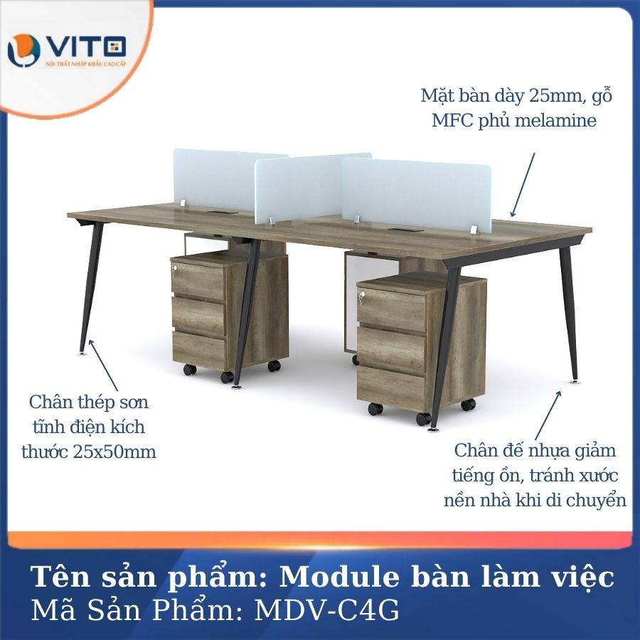 Module bàn làm việc 4 người chân côn Vito MDV-C4G