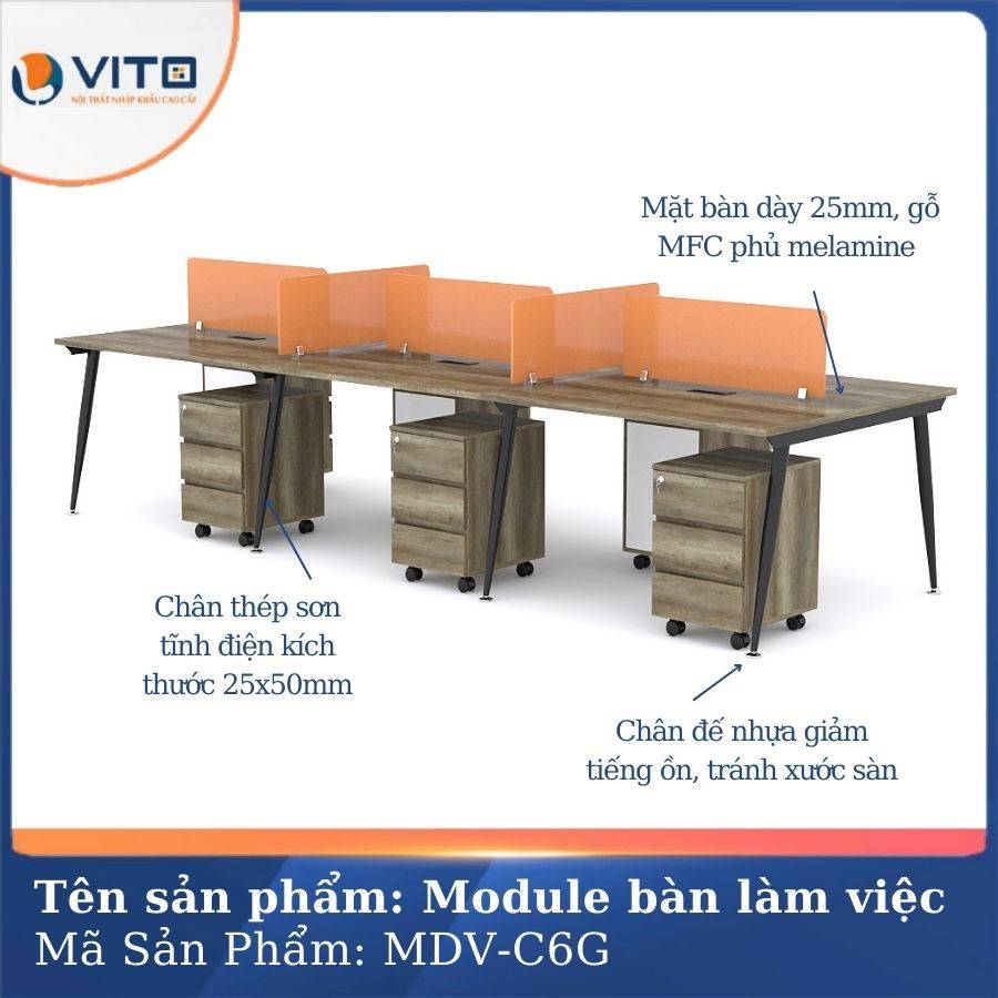 Module bàn làm việc 6 người chân côn Vito MDV-C6G