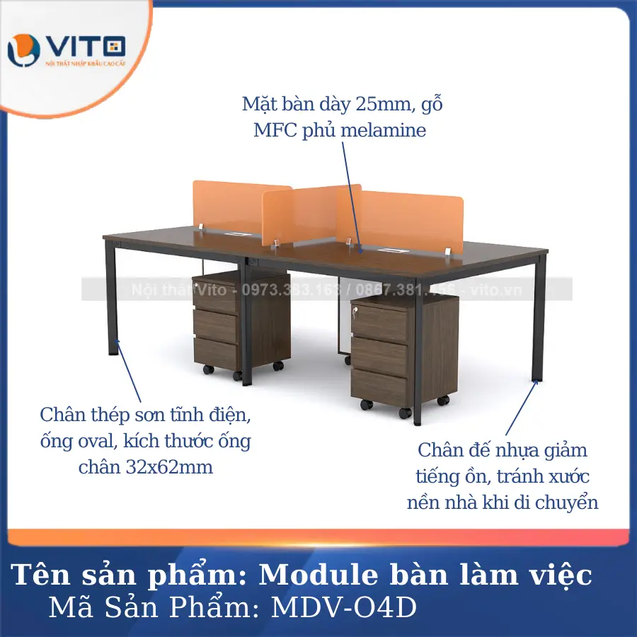 Module bàn làm việc 4 người chân oval Vito MDV-O4D