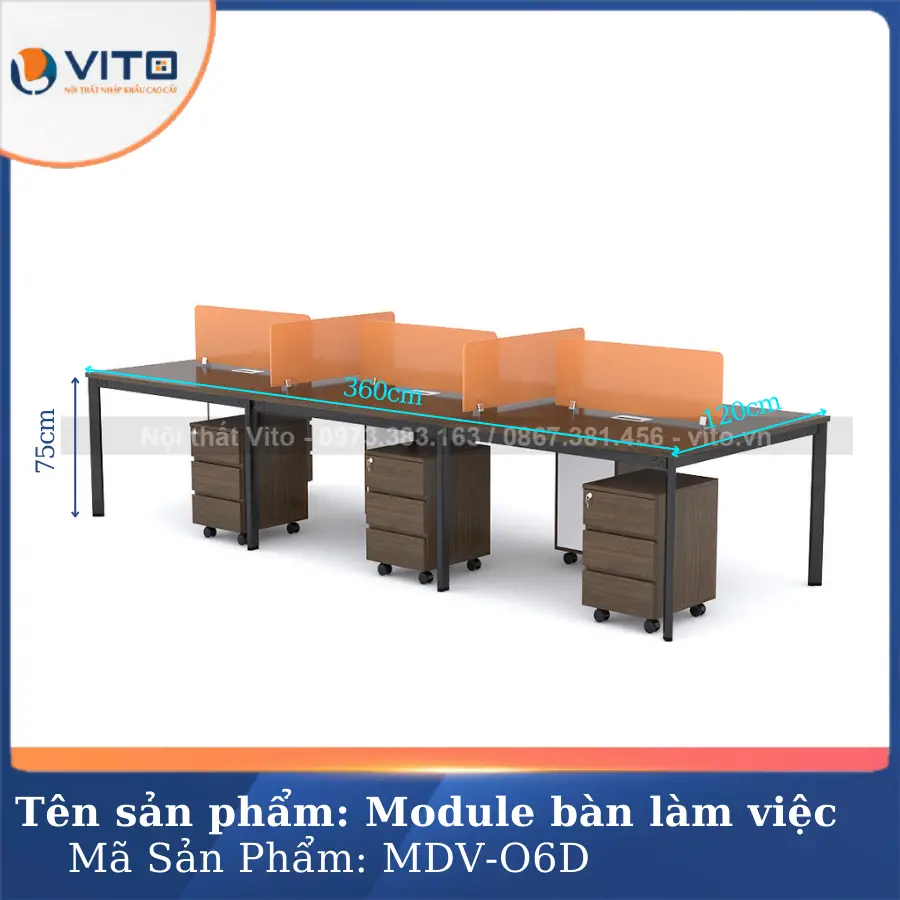 Module bàn làm việc 6 người chân oval Vito MDV-O6D