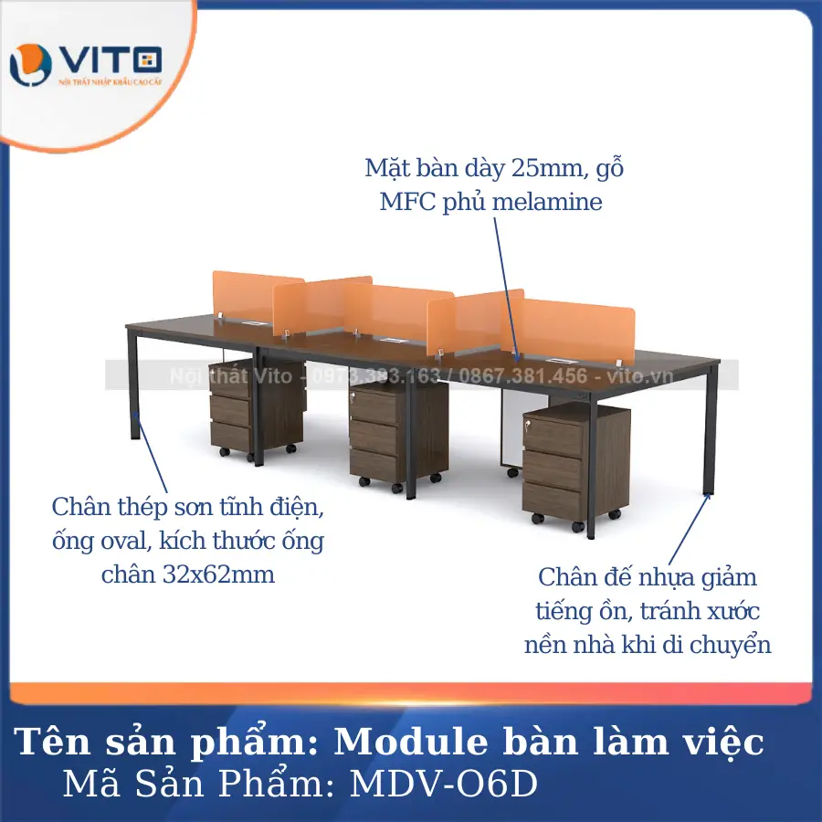 Module bàn làm việc 6 người chân oval Vito MDV-O6D