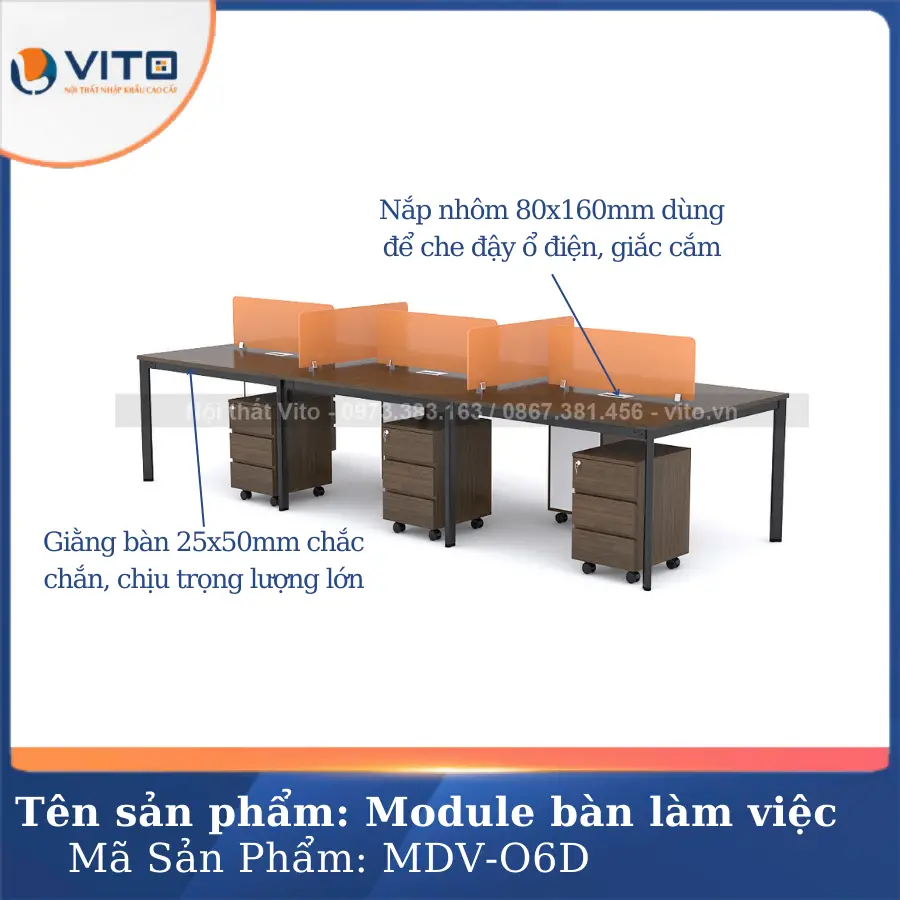 Module bàn làm việc 6 người chân oval Vito MDV-O6D