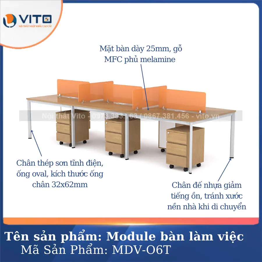 Module bàn làm việc 6 người chân oval Vito MDV-O6T