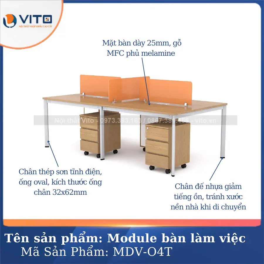 Module bàn làm việc 4 người chân oval Vito MDV-O4T